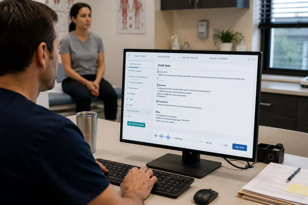 AI scribe in a Texas PI clinic generating a SOAP note during a patient follow-up visit