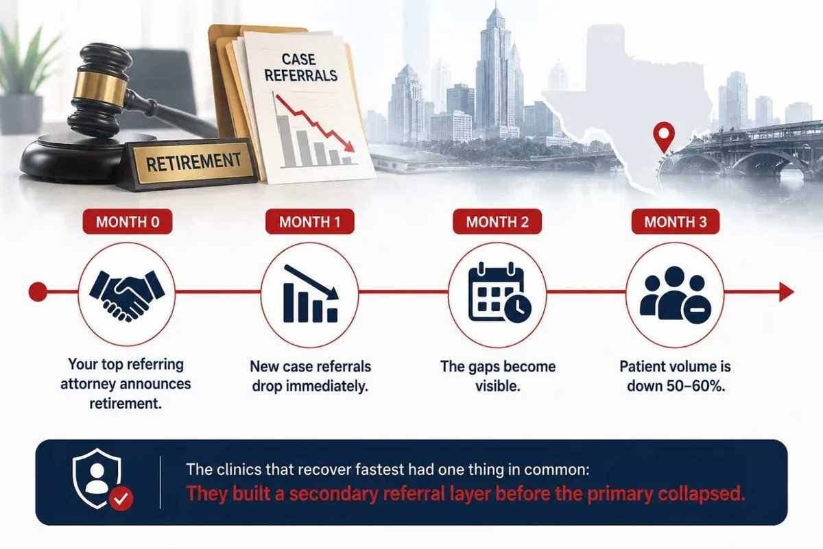 Houston PI clinic referral timeline showing attorney retirement causing rapid decline in case referrals and patient volume