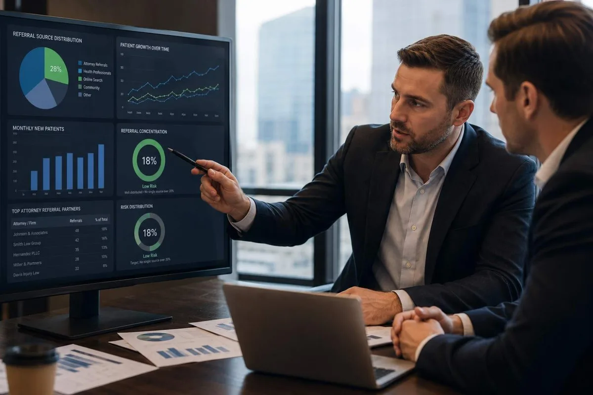 Professional consultants analyzing a Texas PI clinic referral growth strategy with referral network and patient pipeline data