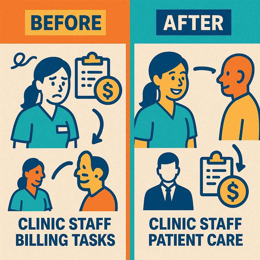 Before/after workflow diagram showing staff time redistribution