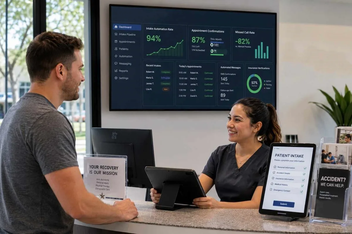 Patient intake automation and scheduling at a modern Texas PI rehab clinic reception