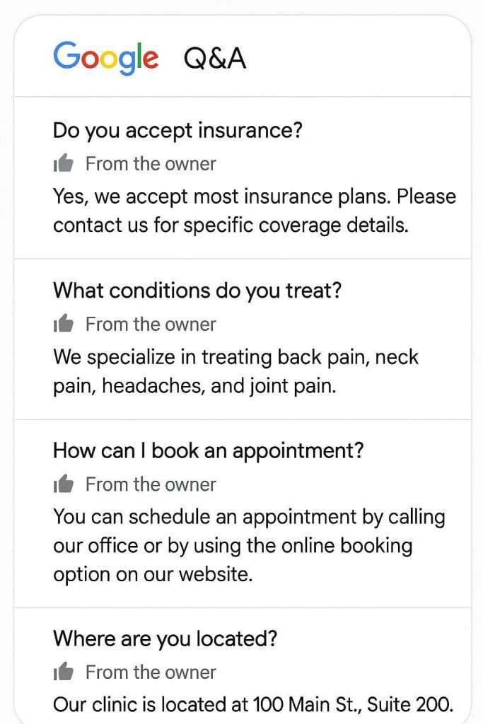 a well-optimized chiropractic practice's Q&A section on Google.