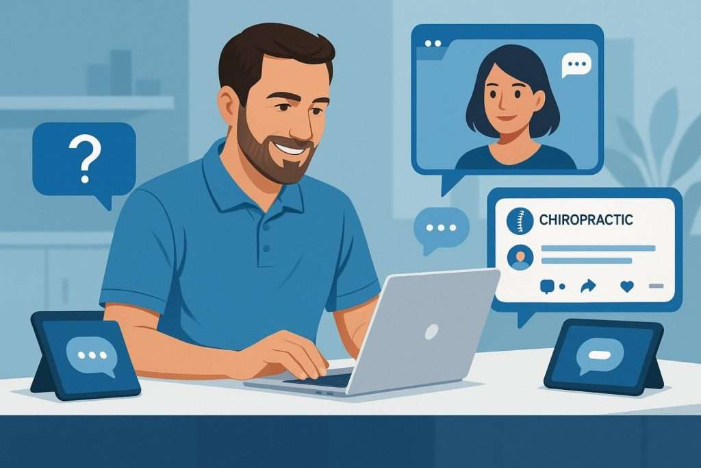 Man engaging in an online chiropractic Q&A session on a laptop.