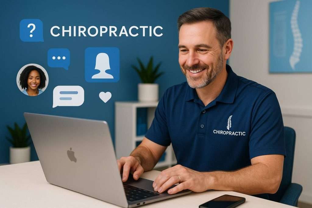 Chiropractor using a Laptop at his desk in a modern clinic.