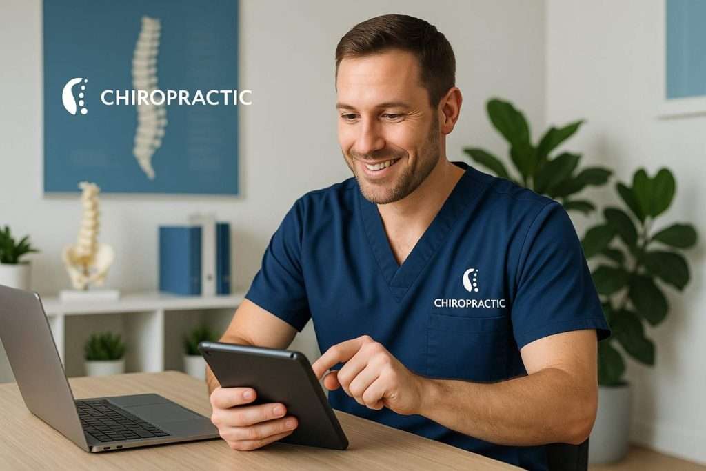 Chiropractor using a tablet at his desk in a modern clinic.