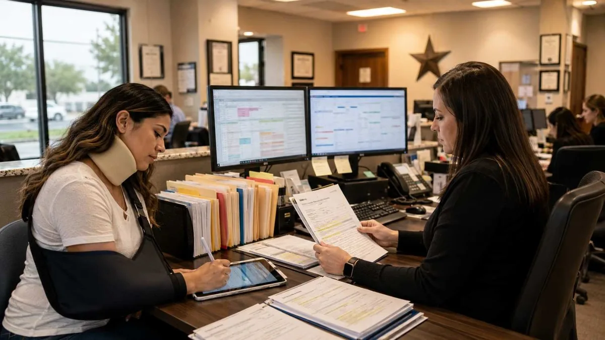 Texas PI clinic patient intake workflow with injured accident patient and intake coordinator reviewing LOP case documentation