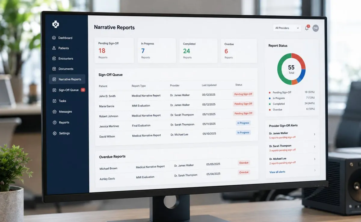 Dashboard showing provider sign-offs and medical narrative report delays Texas PI clinics