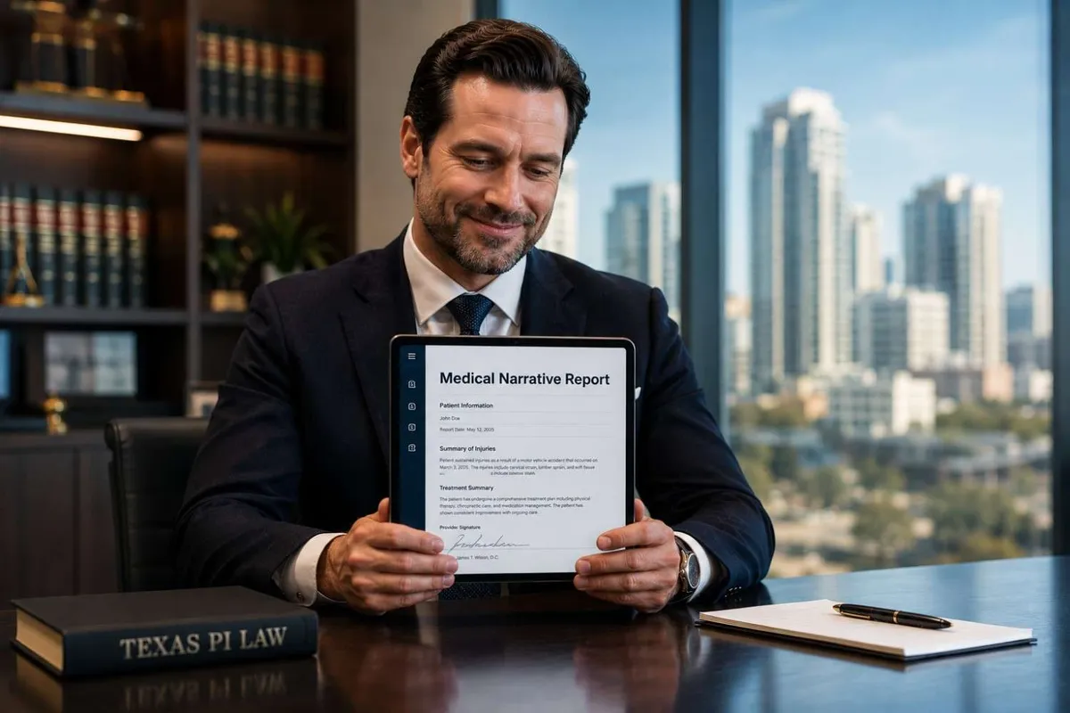 Personal injury attorney reviewing completed medical narrative report for settlement demand package