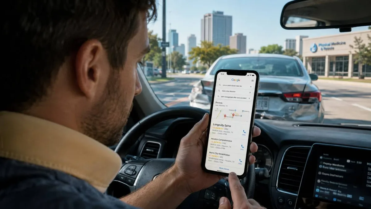 Car accident patient searching Google Maps for a nearby injury clinic after a minor crash in Texas