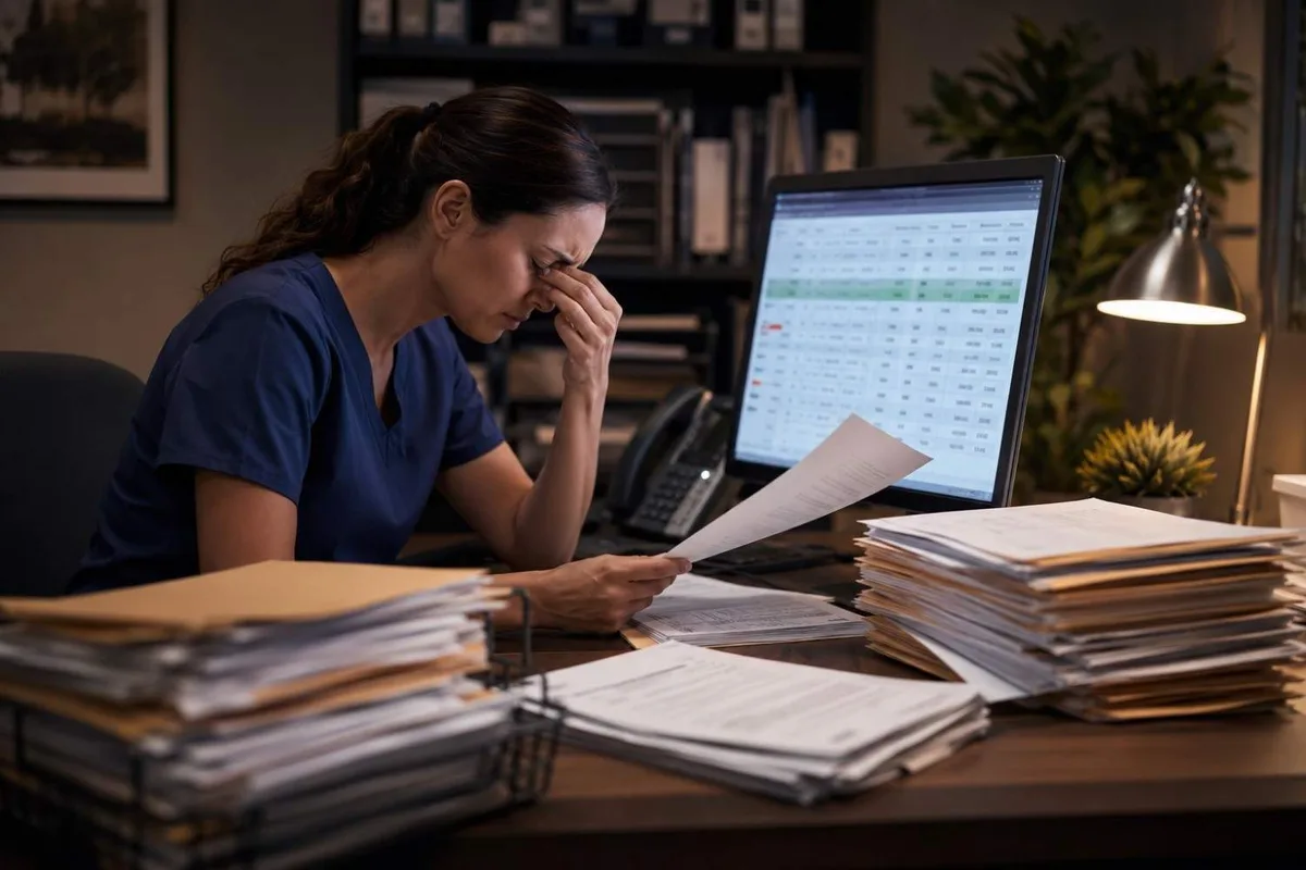 Overworked Texas PI clinic staff struggling with lien paperwork and delayed case billing in a medical office
