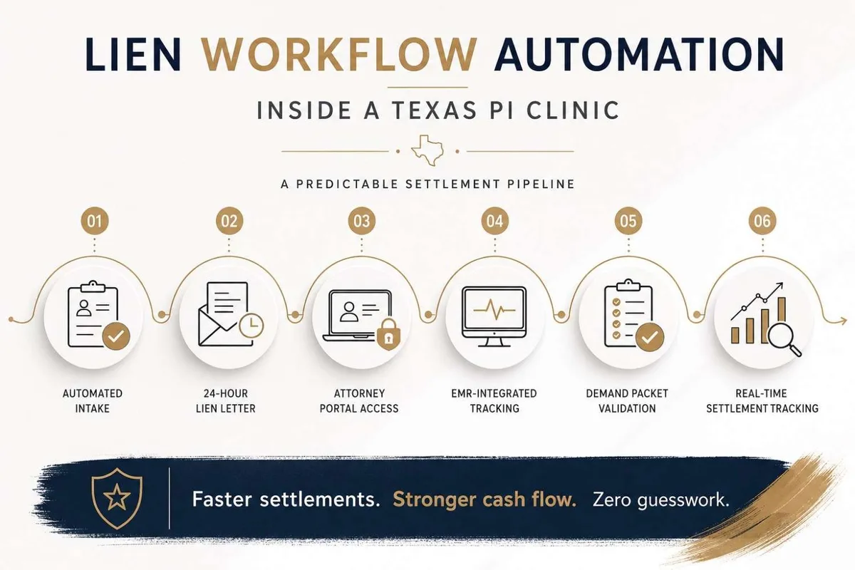 Lien workflow automation infographic showing a streamlined 6-step personal injury clinic settlement pipeline in Texas