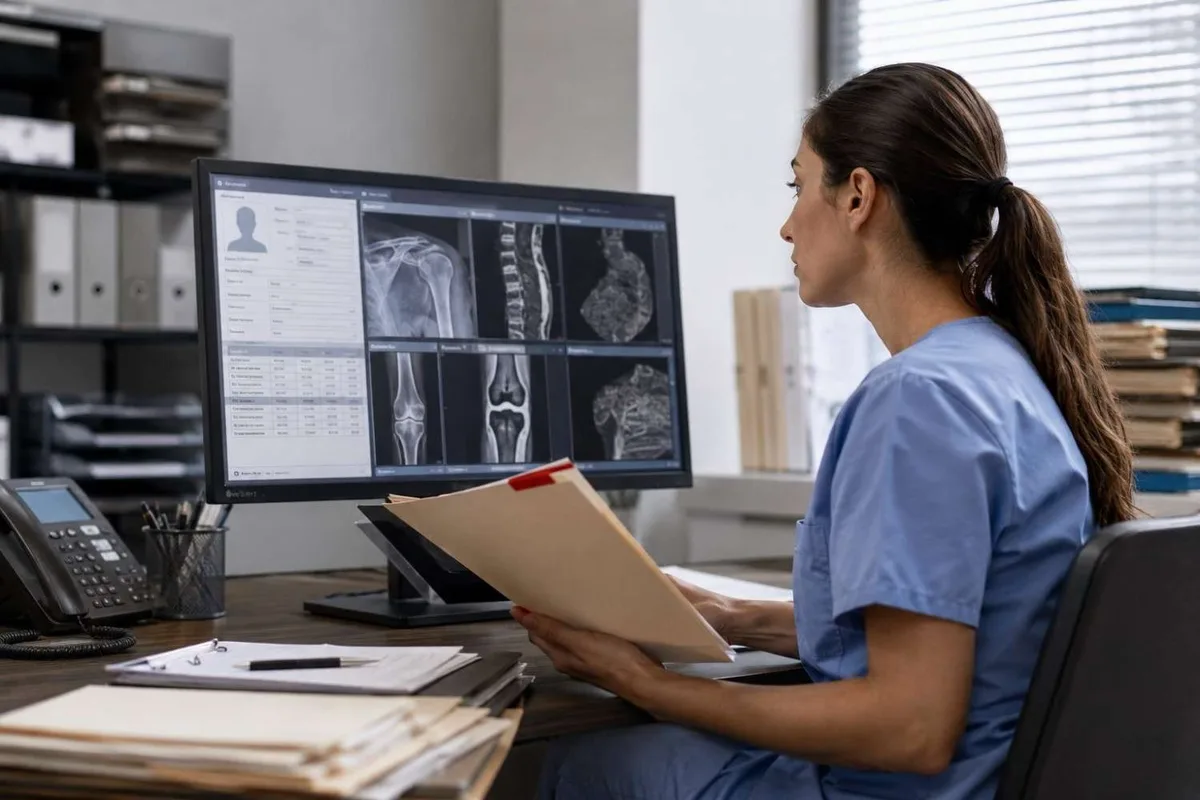 Medical staff managing digital imaging records and patient documentation in a modern PI clinic office