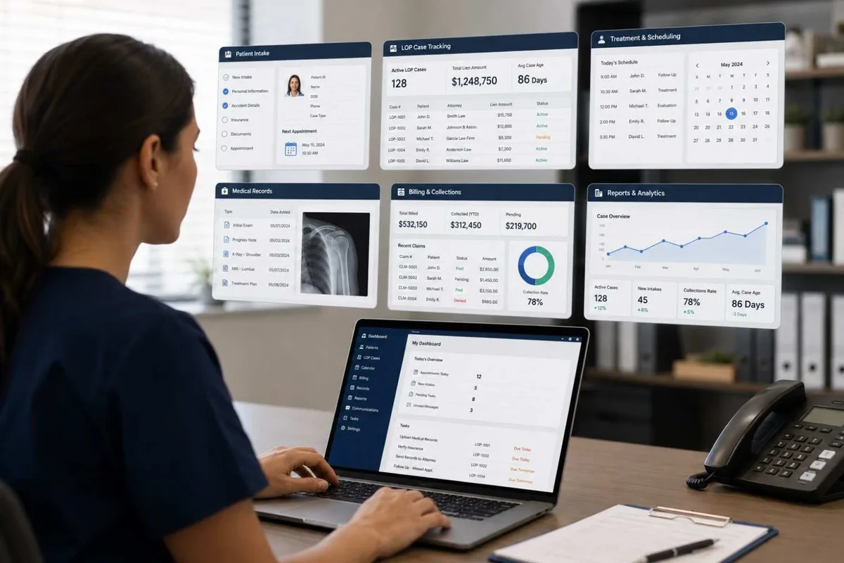 Unified PI clinic workflow automation dashboard in a modern medical office