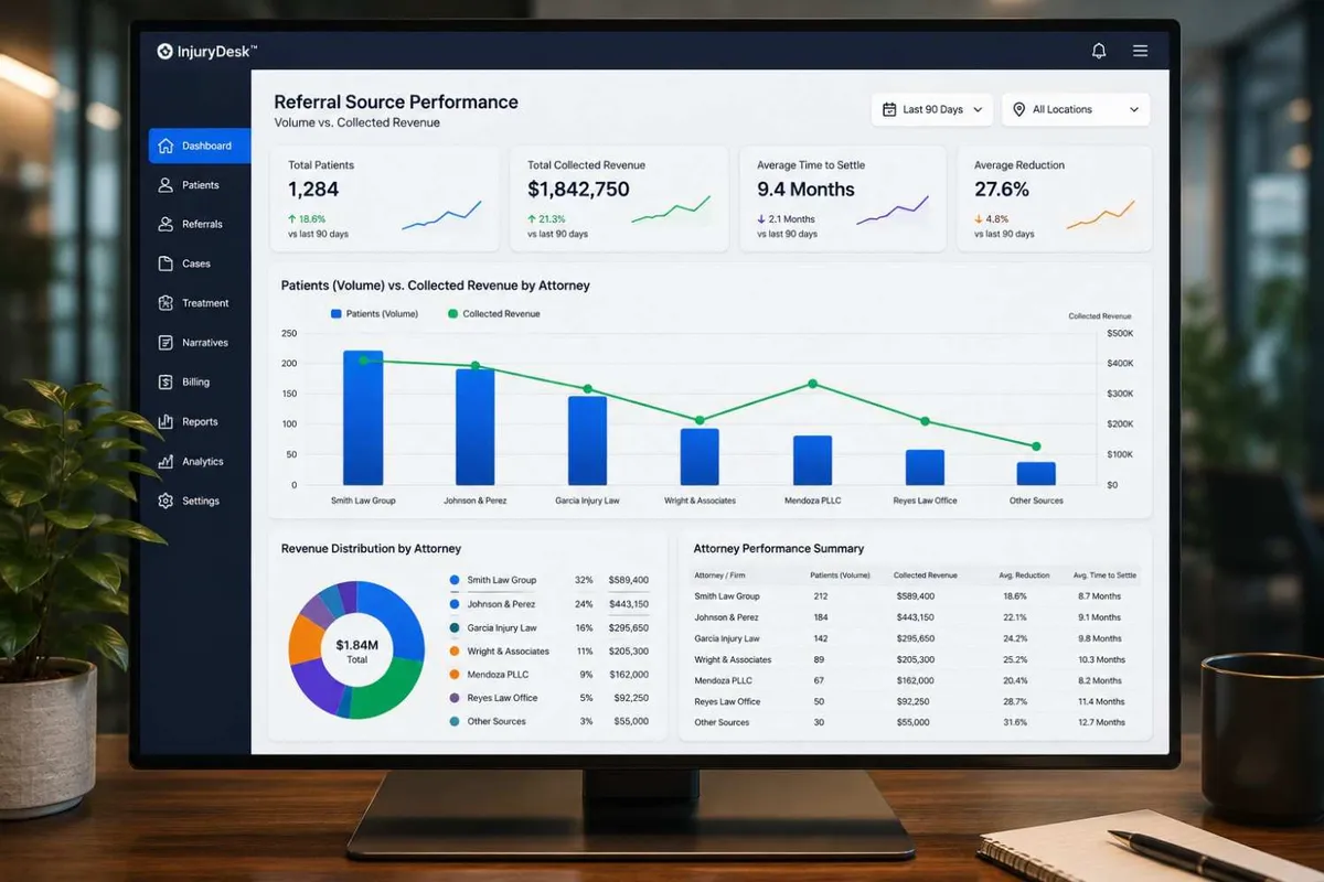Analytics dashboard inside a PI clinic referral source tracking system Texas