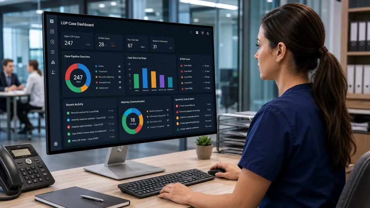 Real-time LOP case tracking dashboard in modern Texas PI clinic office