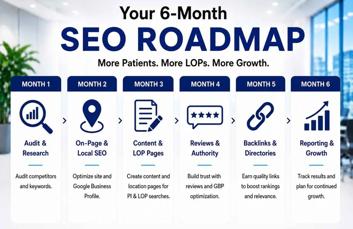 Six-month SEO engagement roadmap for Texas PI clinics from audit to growth planning