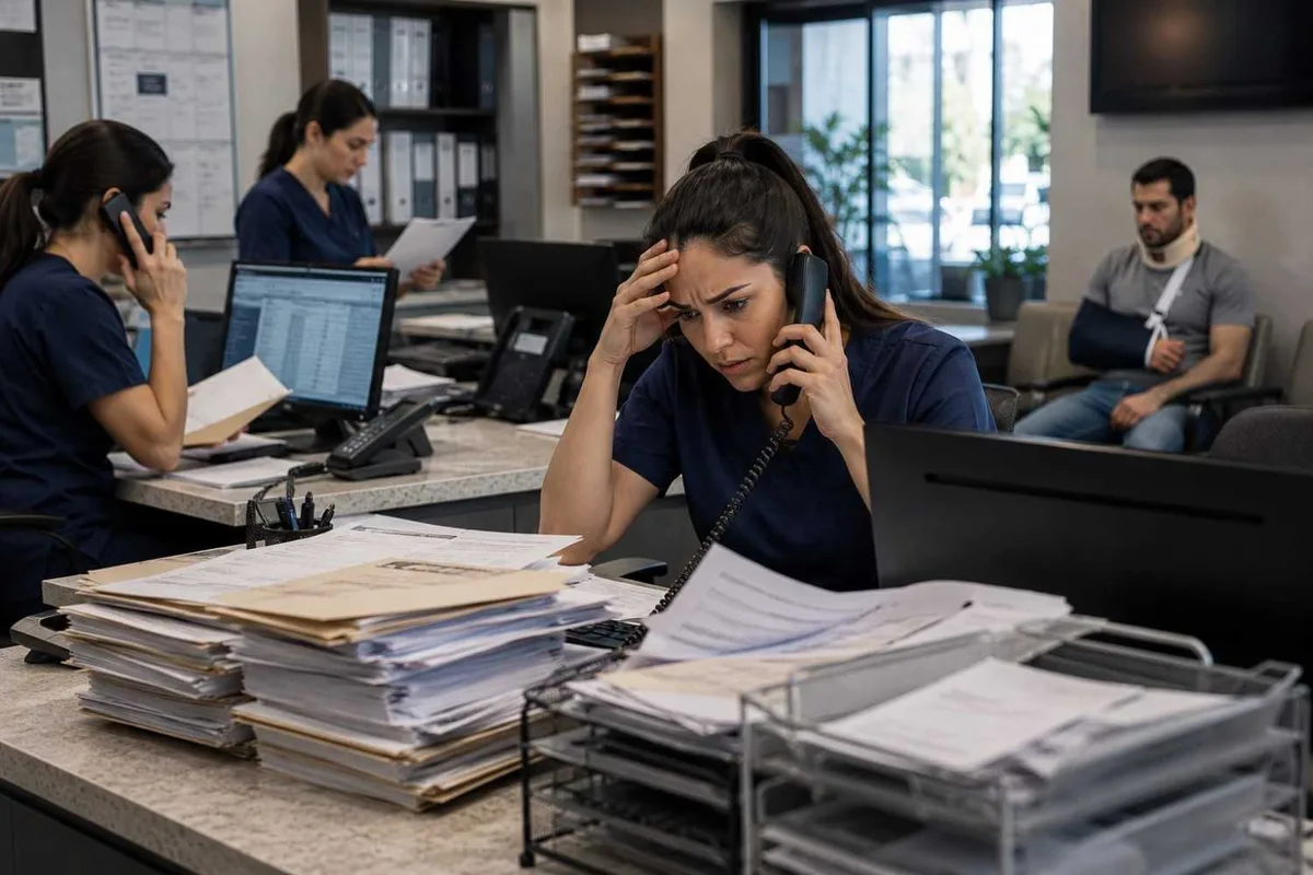 Overwhelmed Texas PI clinic staff managing delayed patient intake and case processing workflow