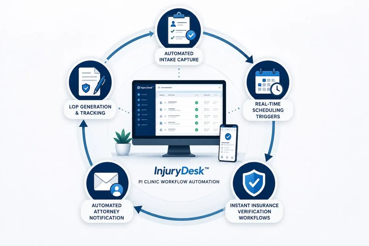 Infographic showing automated PI clinic intake, scheduling, insurance verification, and LOP workflow system