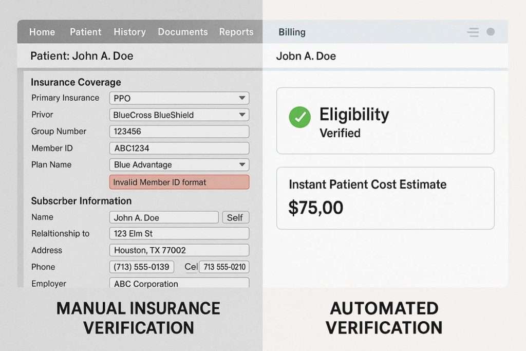Side-by-side EHR screen comparison showing manual vs. automated verification.